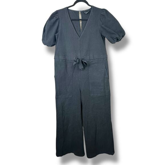 ASOS Design Soft Black Denim V-Neck Puff Sleeve Tie Waist Wide Leg Jumpsuit - Picture 2 of 8